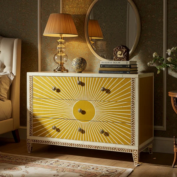 Woodoryn Sunburst Patterned Wooden Chest of Drawers