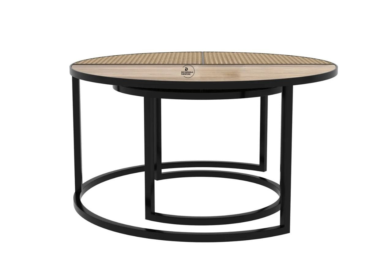 Lecut Mango Wood Set of 2 Nested Coffee Table with Cane Top