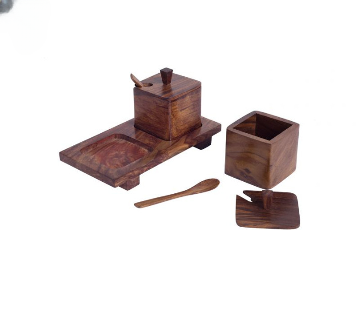 Brown Set of 2 Handcarved Wooden Jars