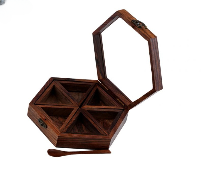Wooden Hand Crafted Spice Box With 6 Containers And Spoon
