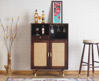 Boston Solid Wood Rattan Cane Bar Cabinet with Glass Holder Storage
