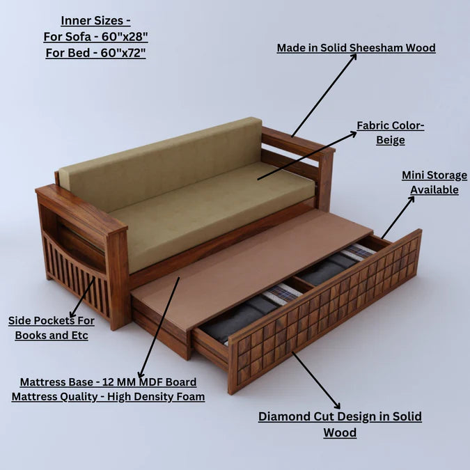 Sofa Cum Bed With Mini Storage and Side Pockets