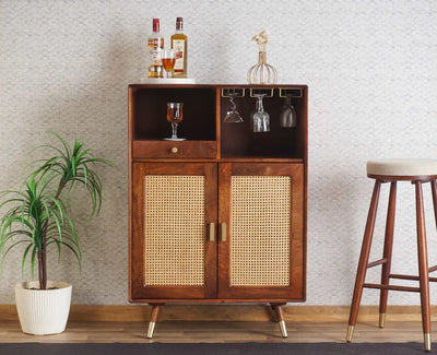Boston Solid Wood Rattan Cane Bar Cabinet with Glass Holder Storage