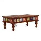 Boho Sheesham Wood Coffee Table with Ceramic Tiles