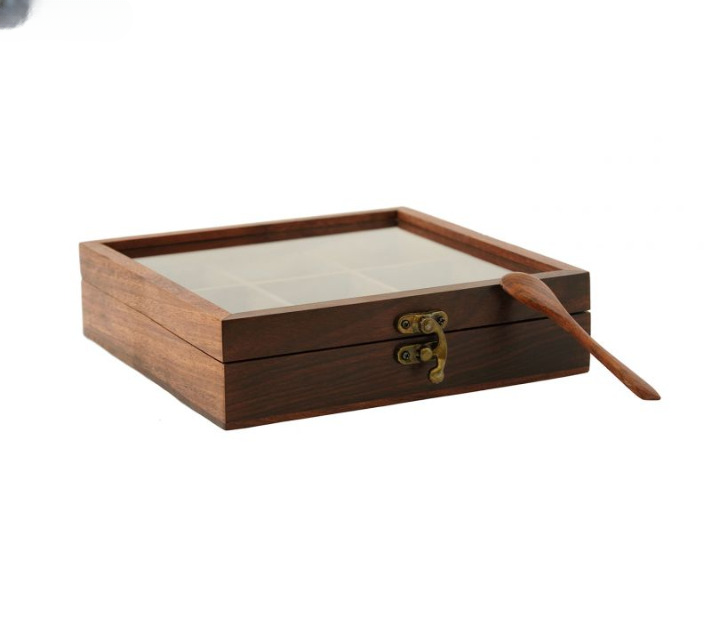 Brown Decorative Multi Purpose Spice Box With Nine Partitions And Spoon