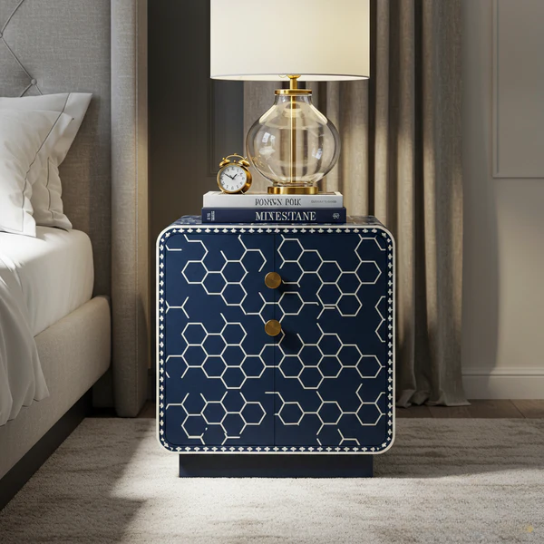 Sideva Navy Blue Geometric Patterned Nightstand