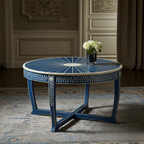 Aromex Decorative Blue Round Coffee Table with Intricate White Inlay
