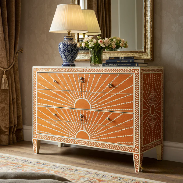 Woodoryn Sunburst Pattern Wooden Chest of Drawers