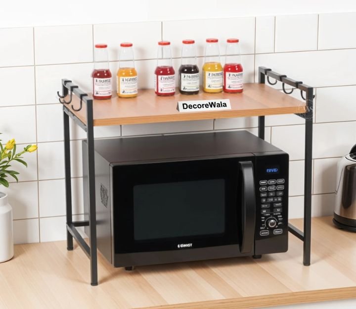 Engineered Wood Microwave Stand With Kitchen Organizer Storage & Metal Hooks