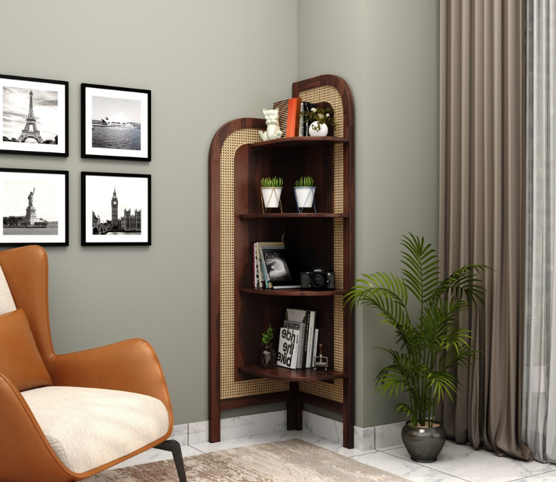 Sheesham Wood and Cane Corner Bookshelf