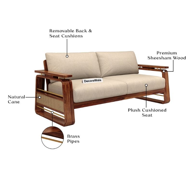Gleamira 3 Seater Sheesham Wood Sofa With Cane and Brass Detailing