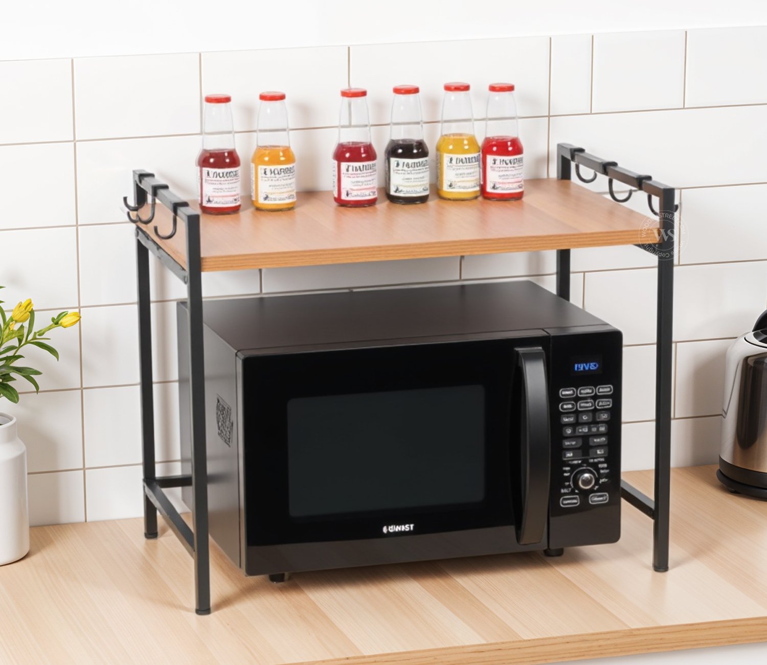 Engineered Wood Microwave Stand With Kitchen Organizer Storage & Metal Hooks