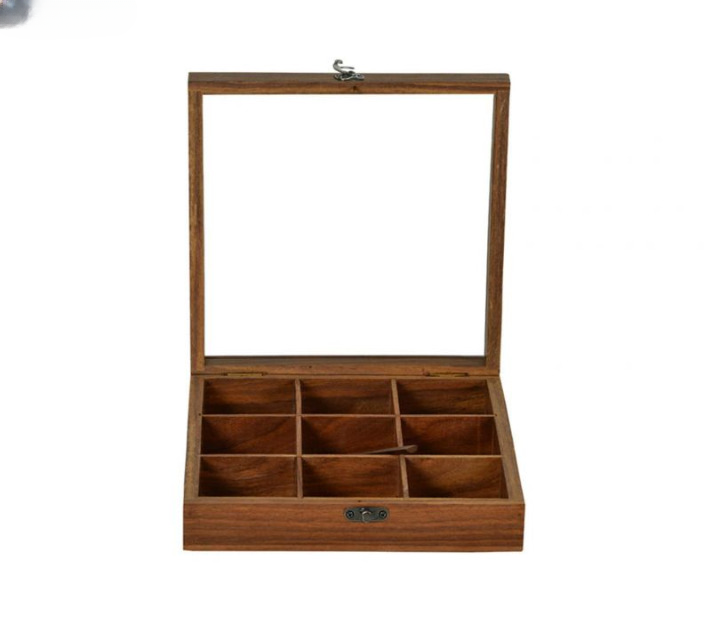 Brown Decorative Multi Purpose Spice Box With Nine Partitions And Spoon