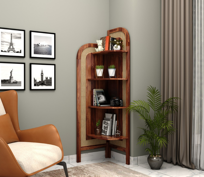 Sheesham Wood and Cane Corner Bookshelf