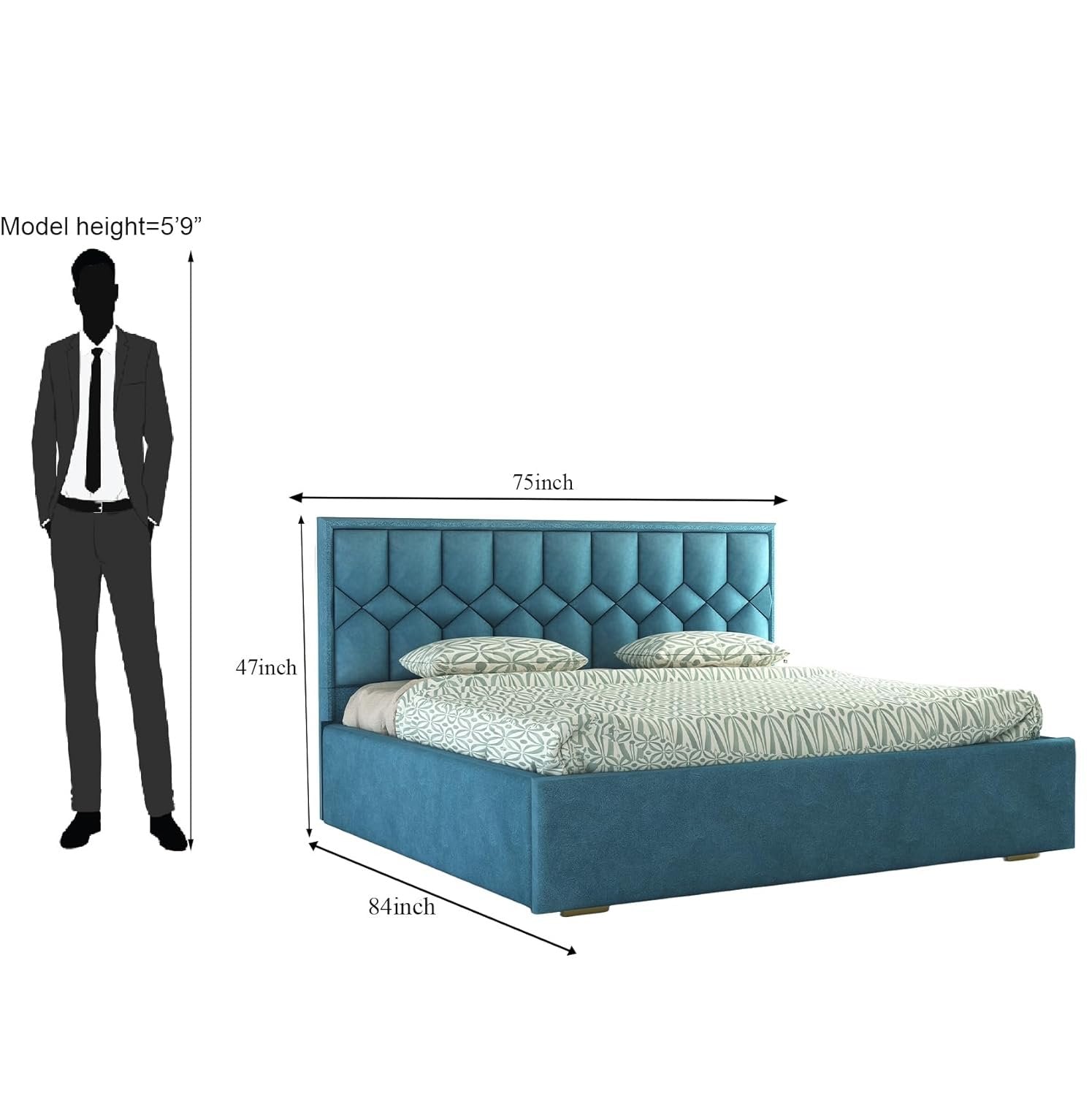 Solid Wood Bed with Upholstered Velvet Headboard & Box Storage