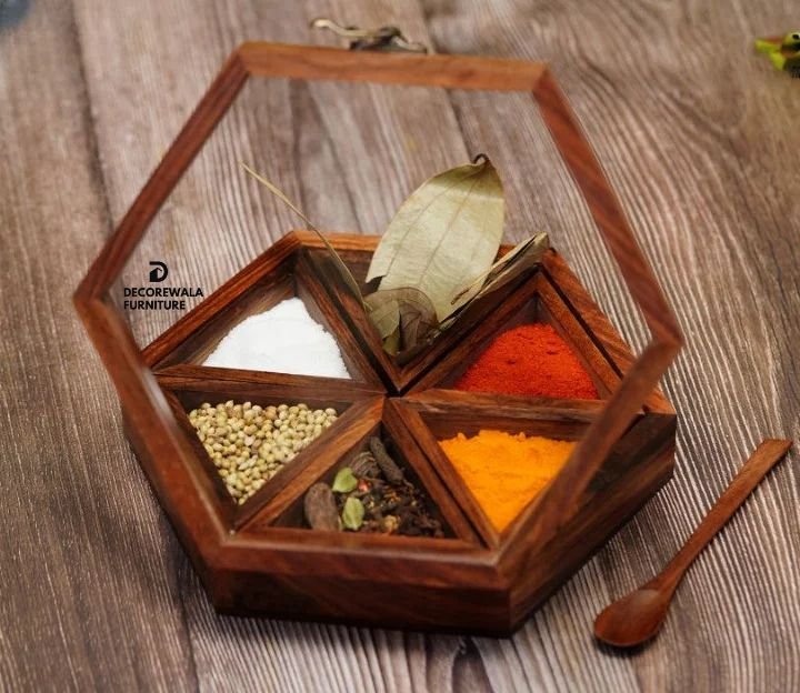 Wooden Hand Crafted Spice Box With 6 Containers And Spoon