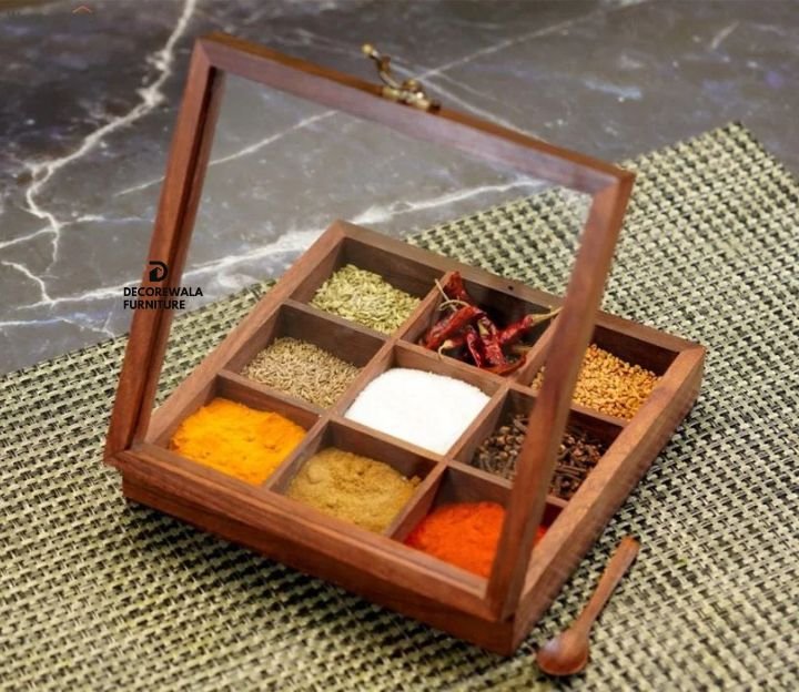 Brown Decorative Multi Purpose Spice Box With Nine Partitions And Spoon