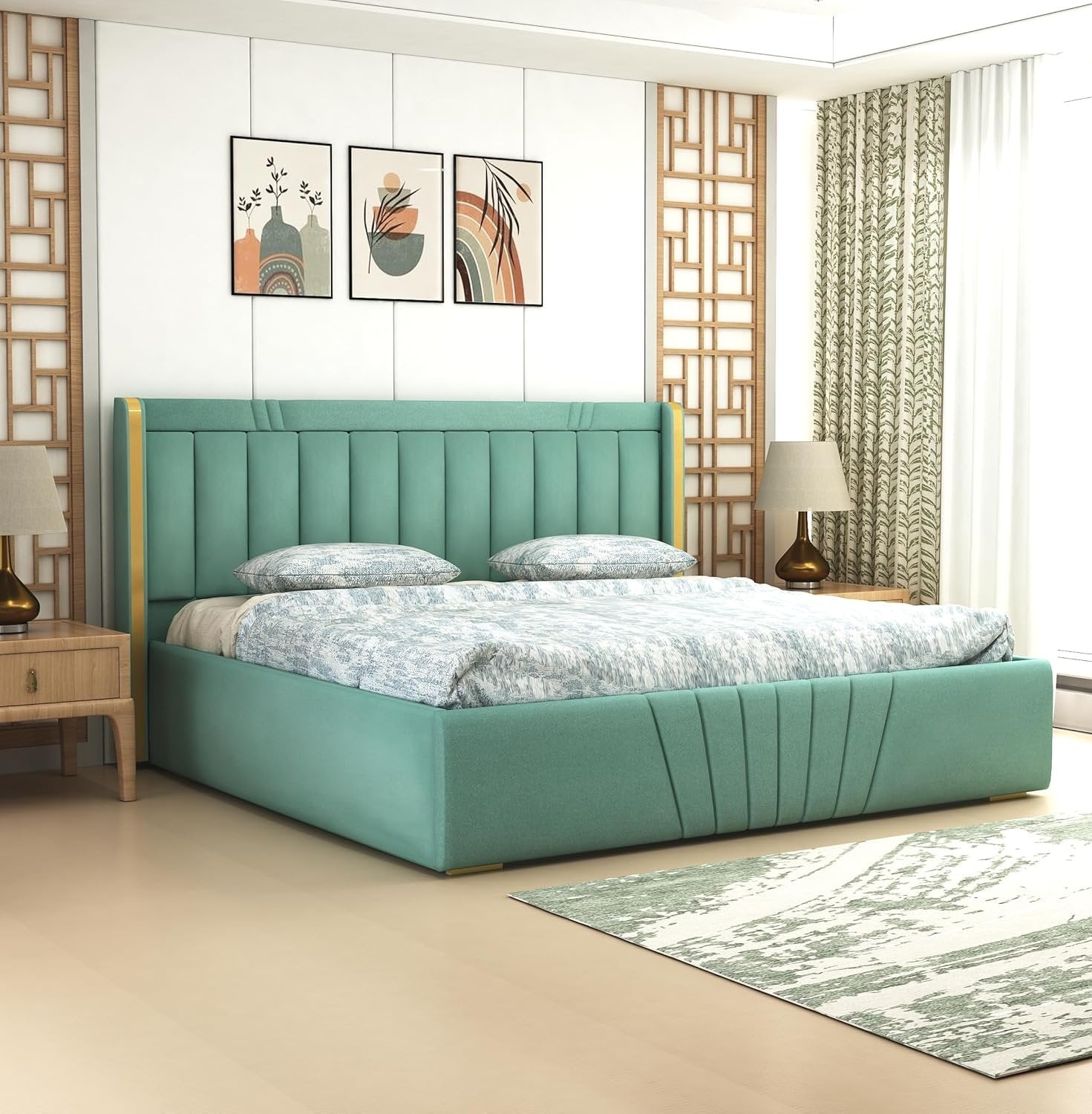 Premium Wooden King and Queen Bed with Padded Velvet Upholstery & Storage