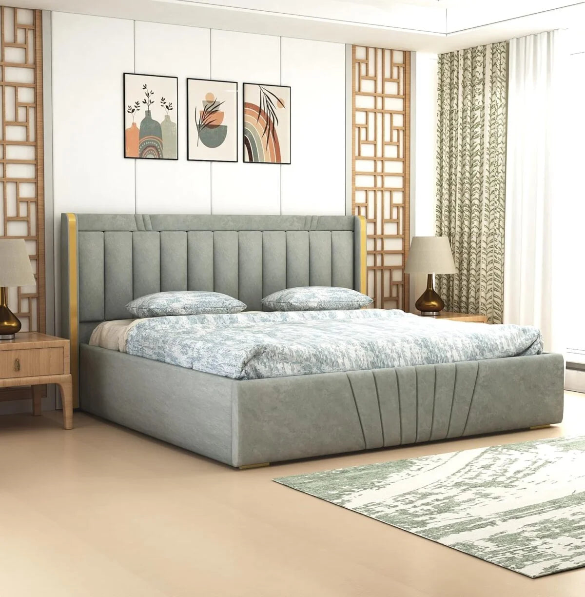 Premium Wooden King and Queen Bed with Padded Velvet Upholstery & Storage