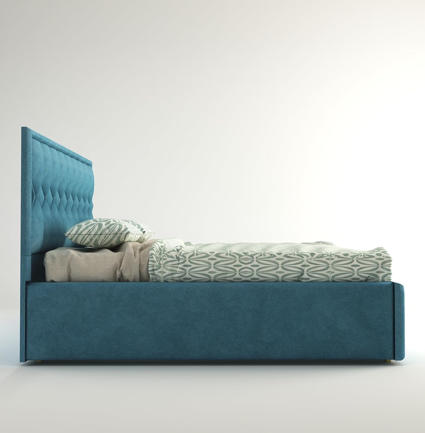 Solid Wood Bed with Upholstered Velvet Headboard & Box Storage