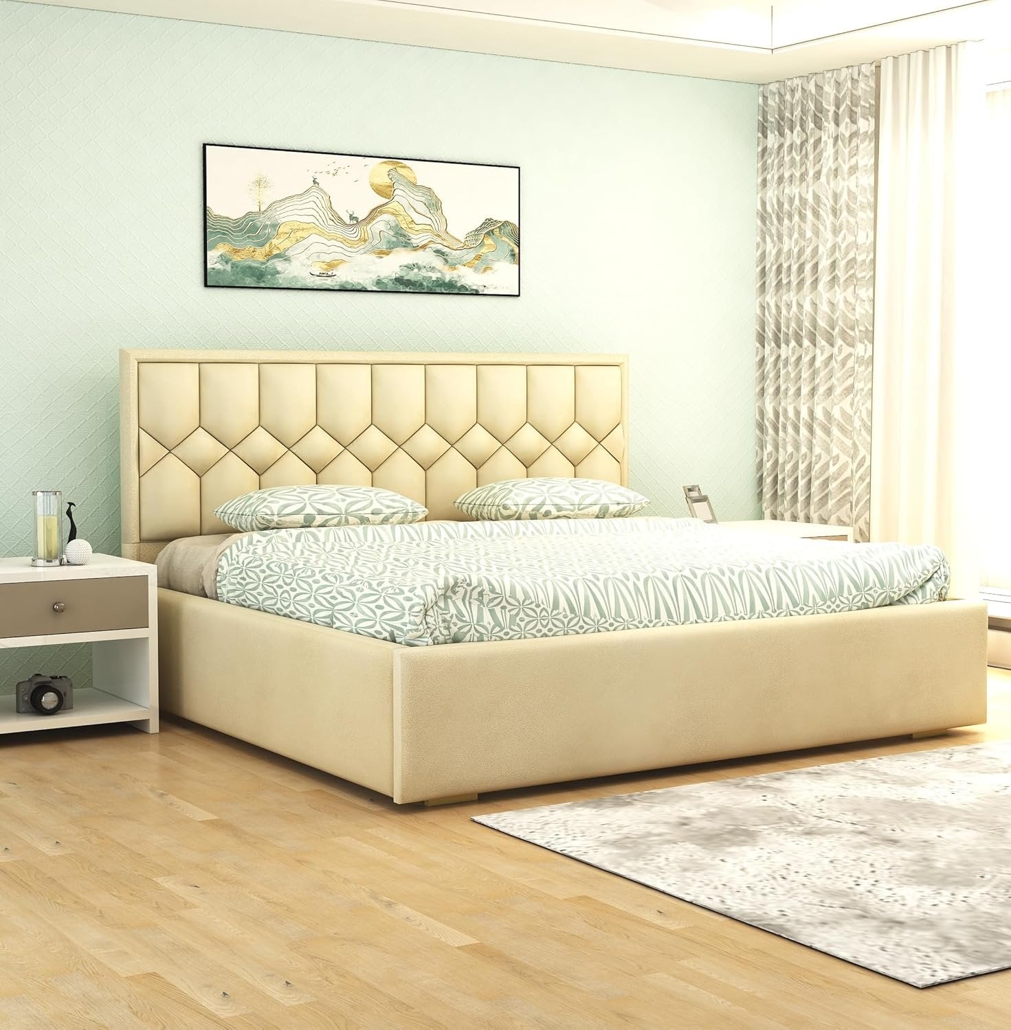 Solid Wood Bed with Upholstered Velvet Headboard & Box Storage