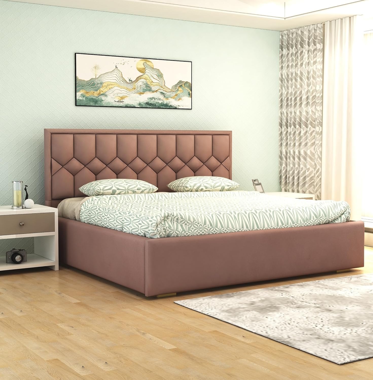 Solid Wood Bed with Upholstered Velvet Headboard & Box Storage
