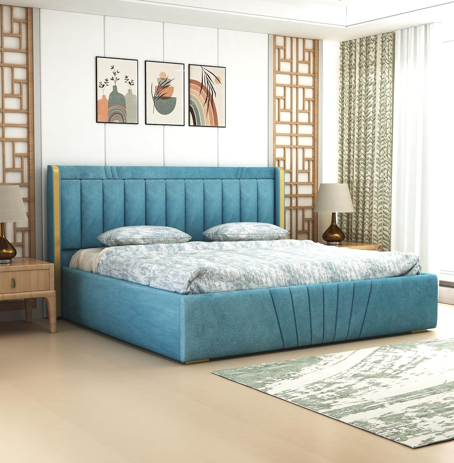 Premium Wooden King and Queen Bed with Padded Velvet Upholstery & Storage