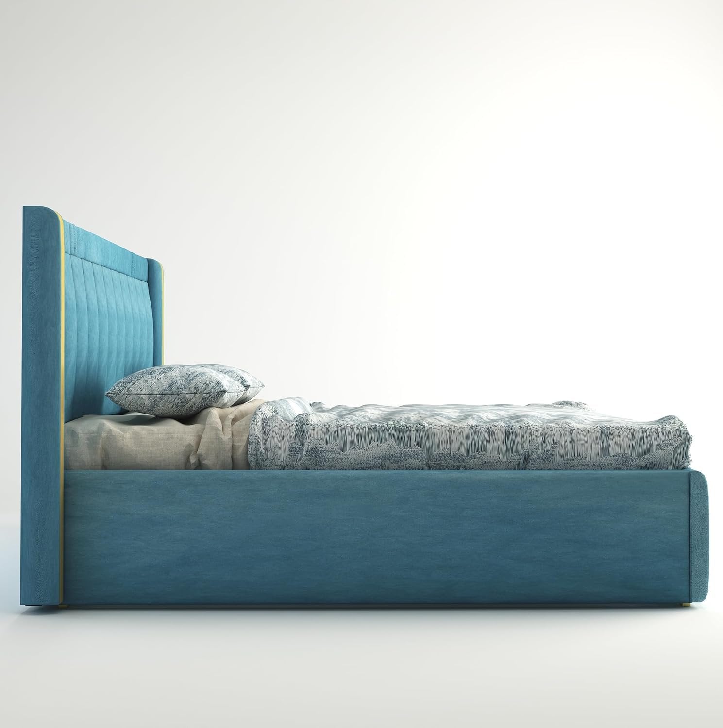 Premium Wooden King and Queen Bed with Padded Velvet Upholstery & Storage