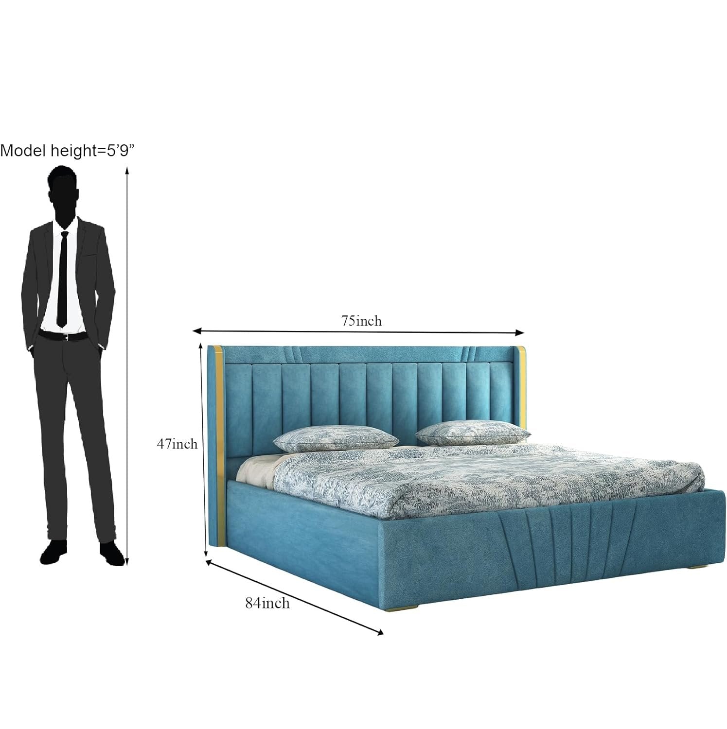 Premium Wooden King and Queen Bed with Padded Velvet Upholstery & Storage