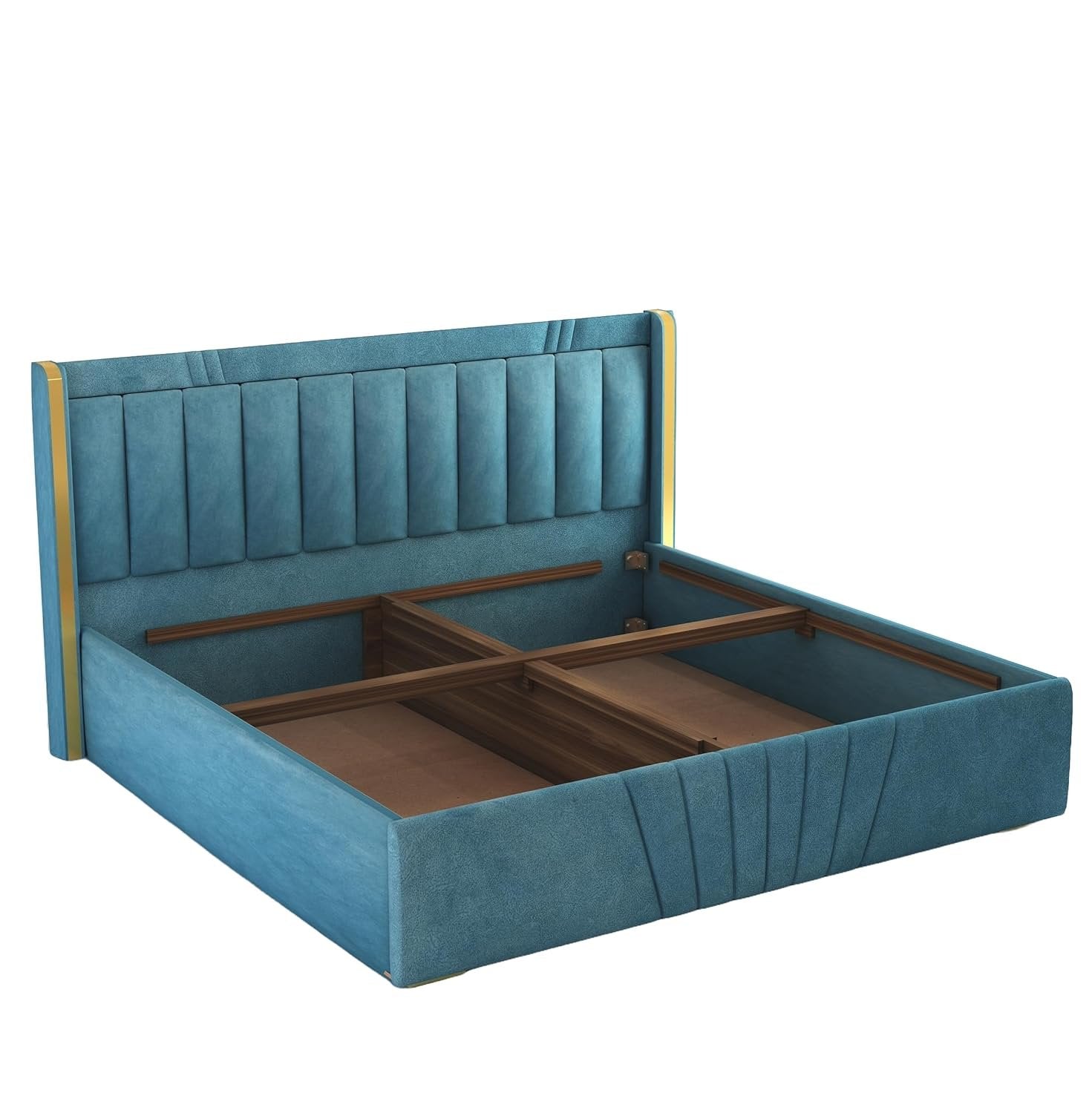 Premium Wooden King and Queen Bed with Padded Velvet Upholstery & Storage