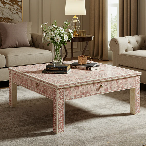 Aromex Handcrafted Pink Bone Inlay Square Coffee Table