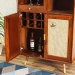 Boston Solid Wood Rattan Cane Bar Cabinet with Glass Holder Storage