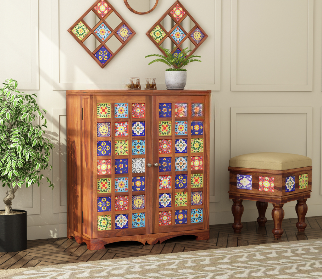 Boho Bar Cabinet Solid Wood Modern Style