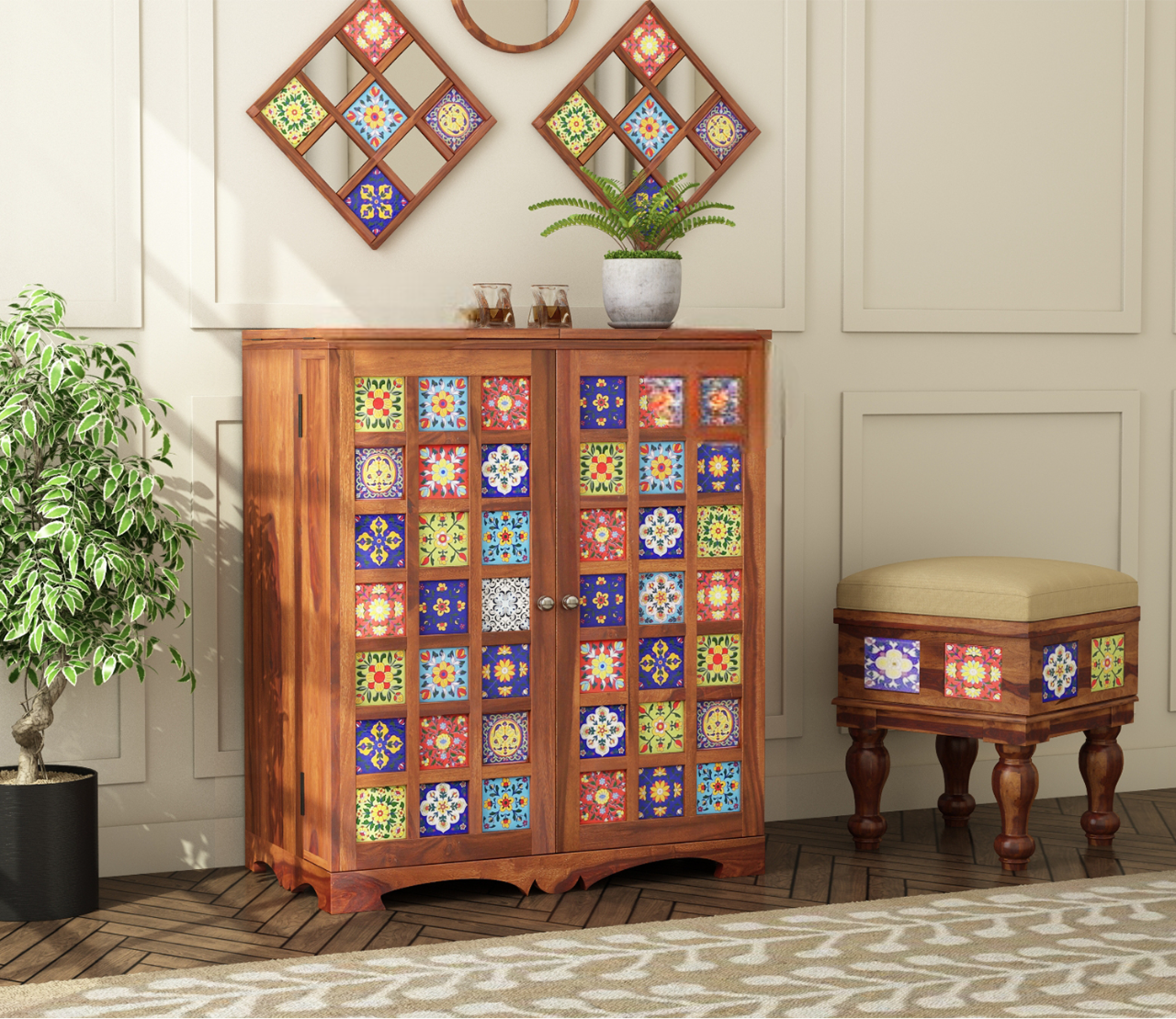 Boho Bar Cabinet Solid Wood Modern Style