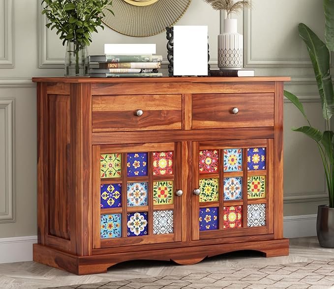 PINDORA Solid Wood Cabinet Sideboard with 2 Drawers & 2 Door Storage