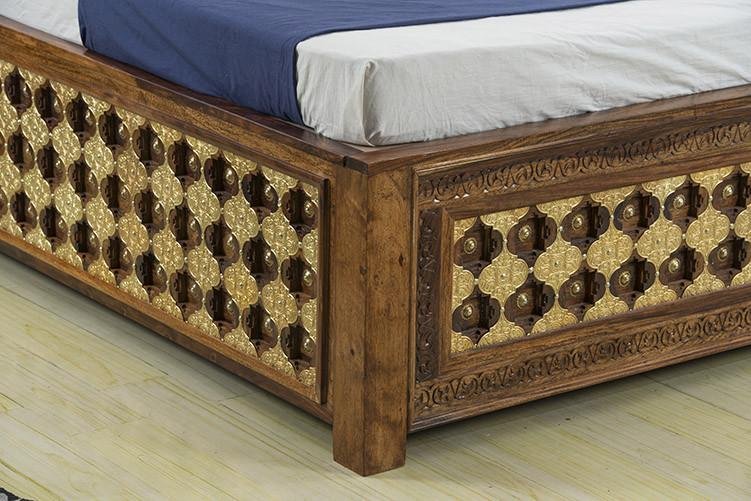 Solid Wood Brass Bed A with Storage
