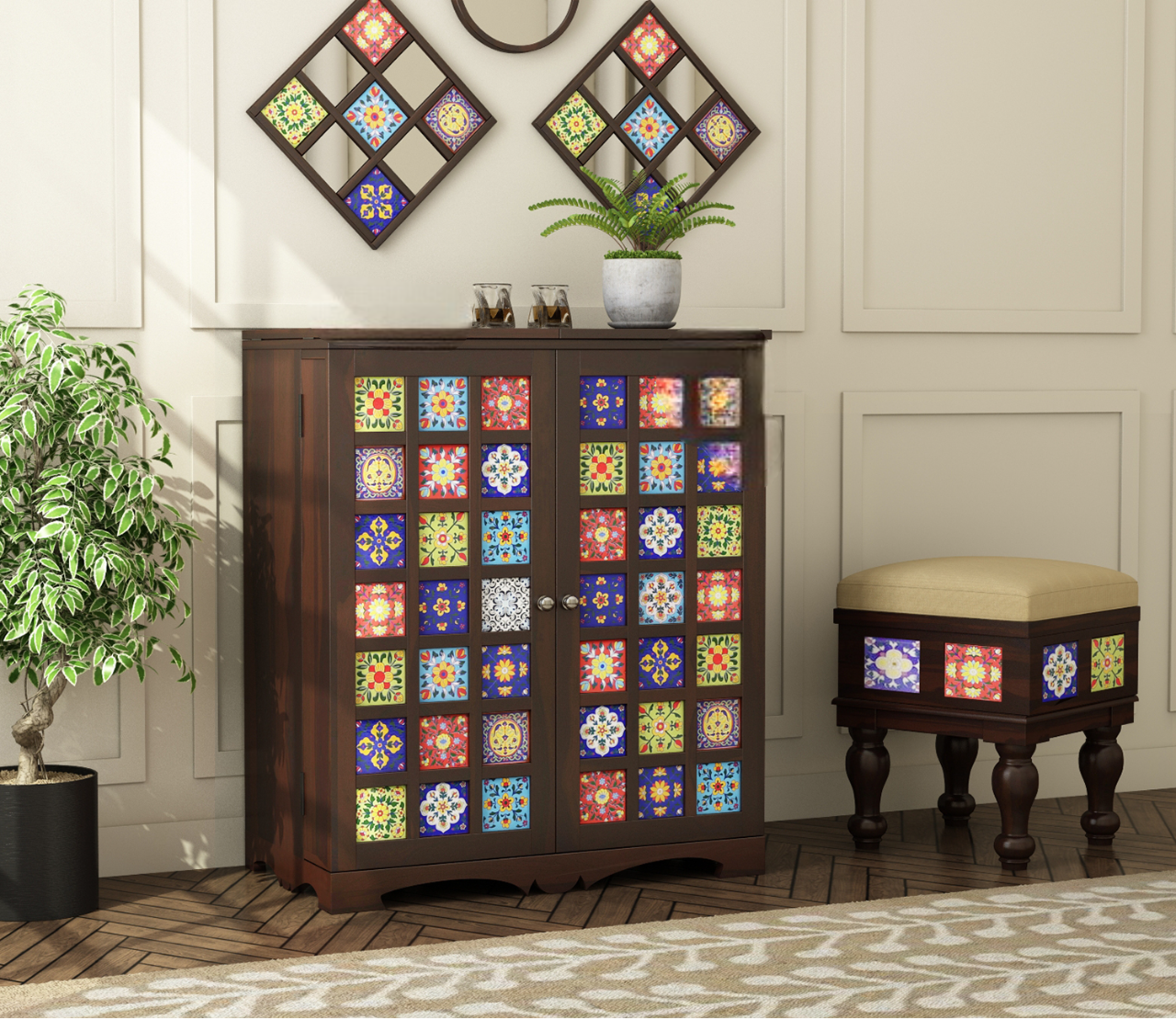 Boho Bar Cabinet Solid Wood Modern Style