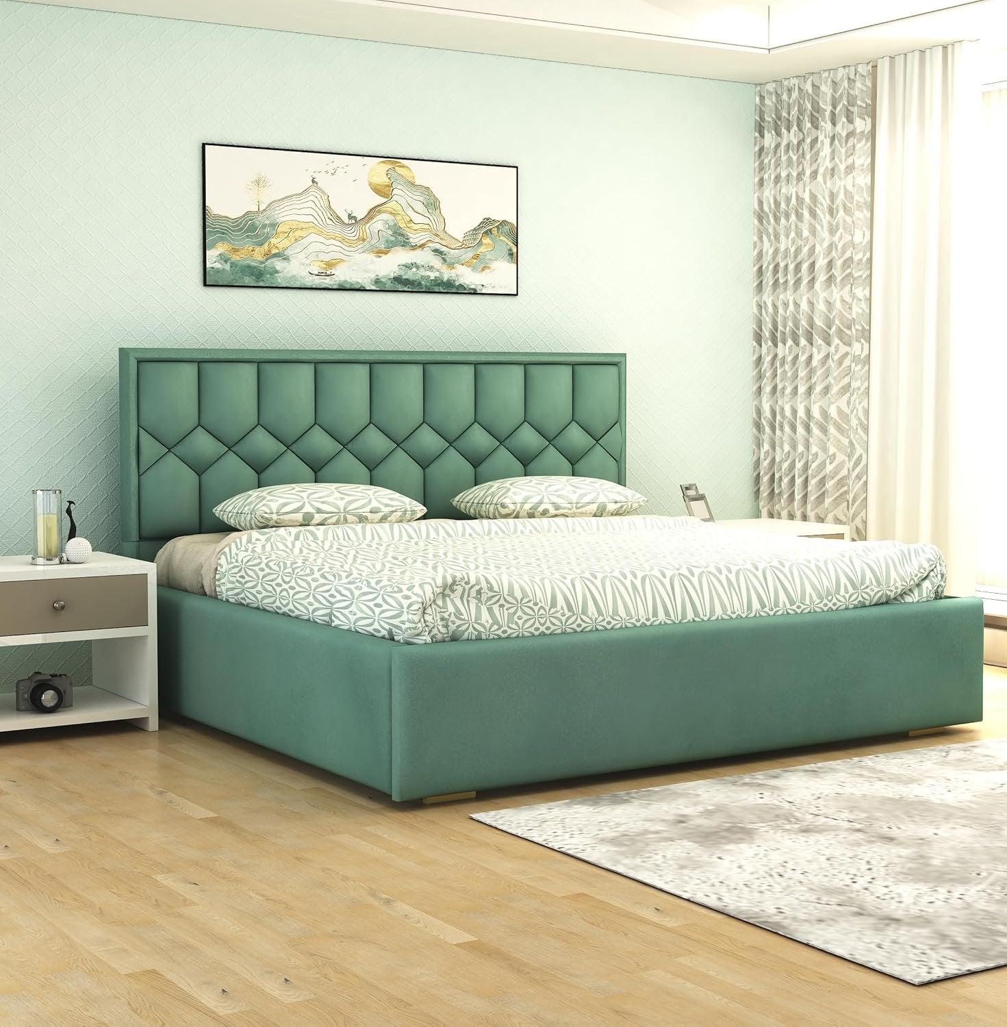 Solid Wood Bed with Upholstered Velvet Headboard & Box Storage
