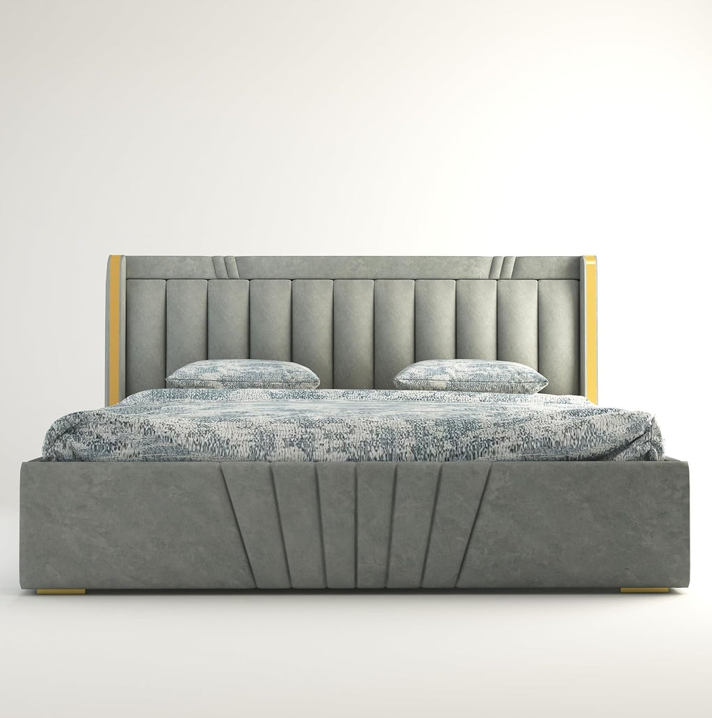 Premium Wooden King and Queen Bed with Padded Velvet Upholstery & Storage