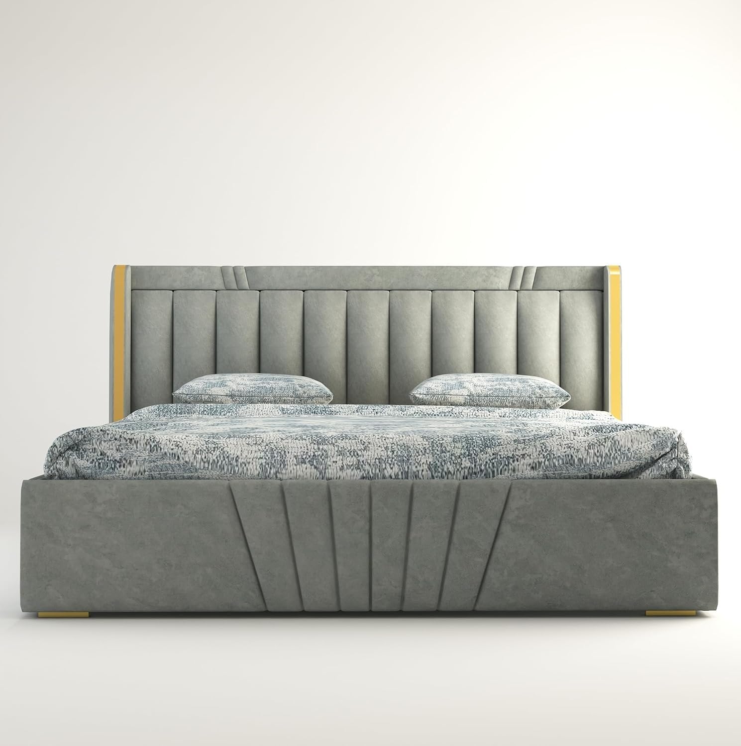 Premium Wooden King and Queen Bed with Padded Velvet Upholstery & Storage