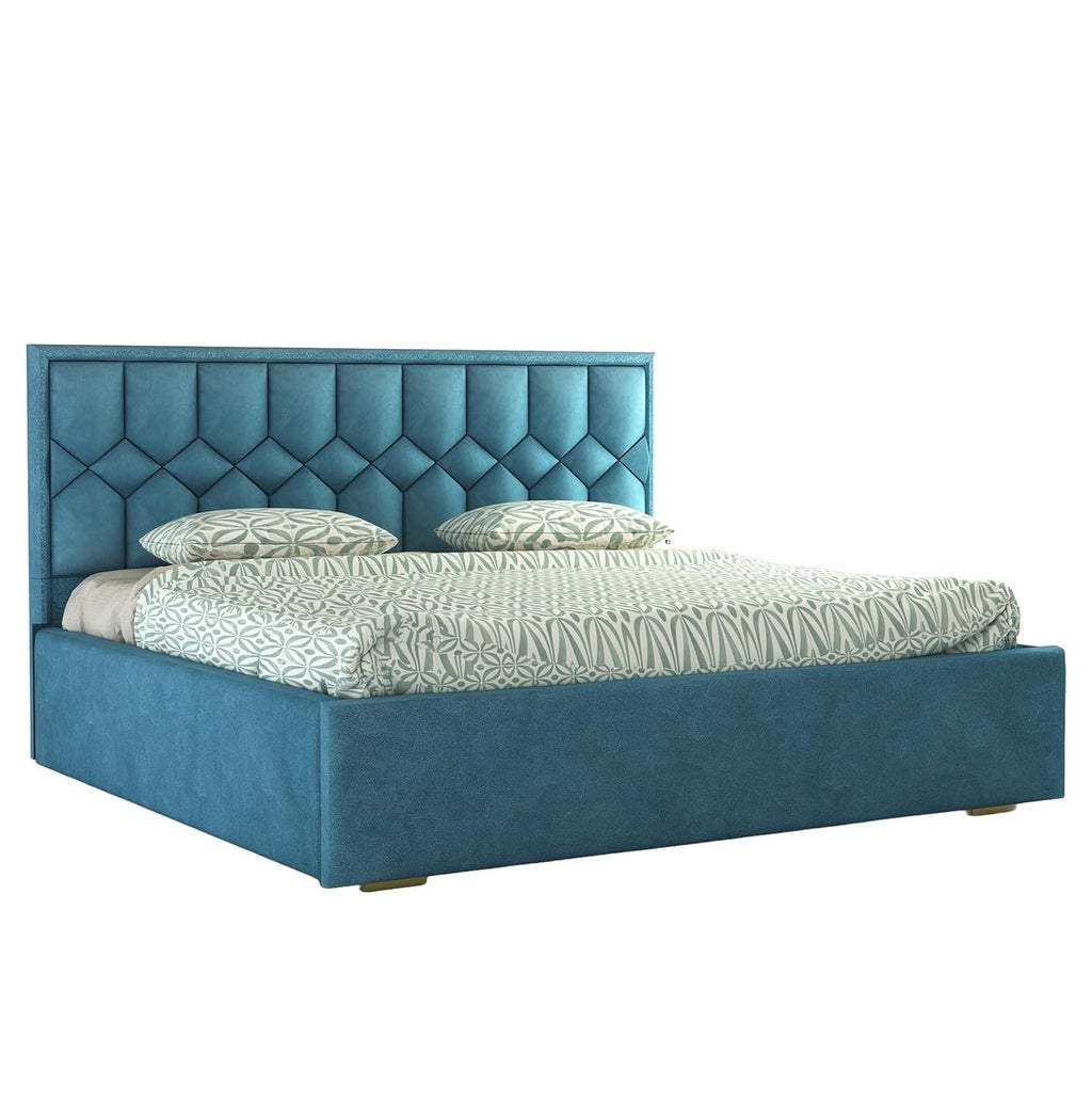 Solid Wood Bed with Upholstered Velvet Headboard & Box Storage