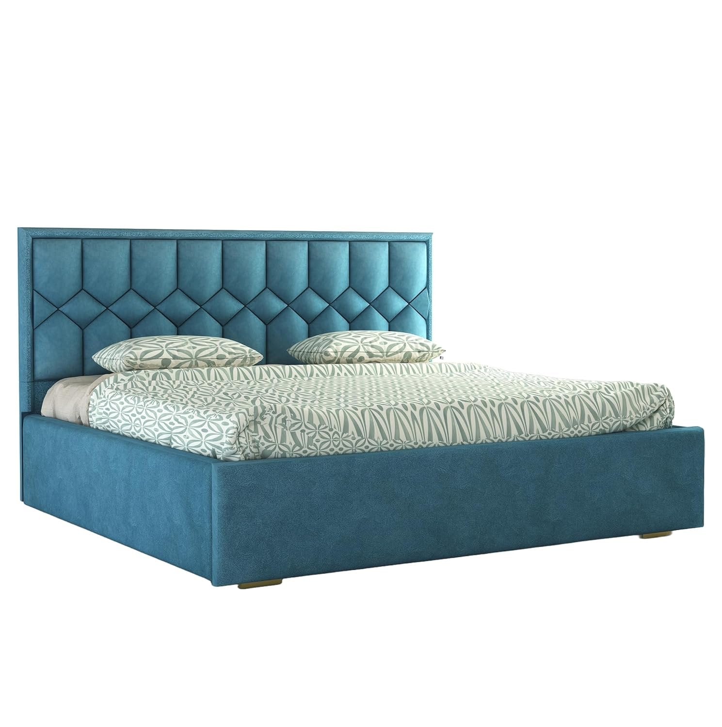 Solid Wood Bed with Upholstered Velvet Headboard & Box Storage