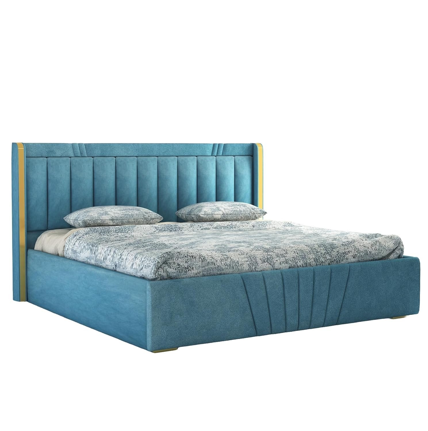 Premium Wooden King and Queen Bed with Padded Velvet Upholstery & Storage