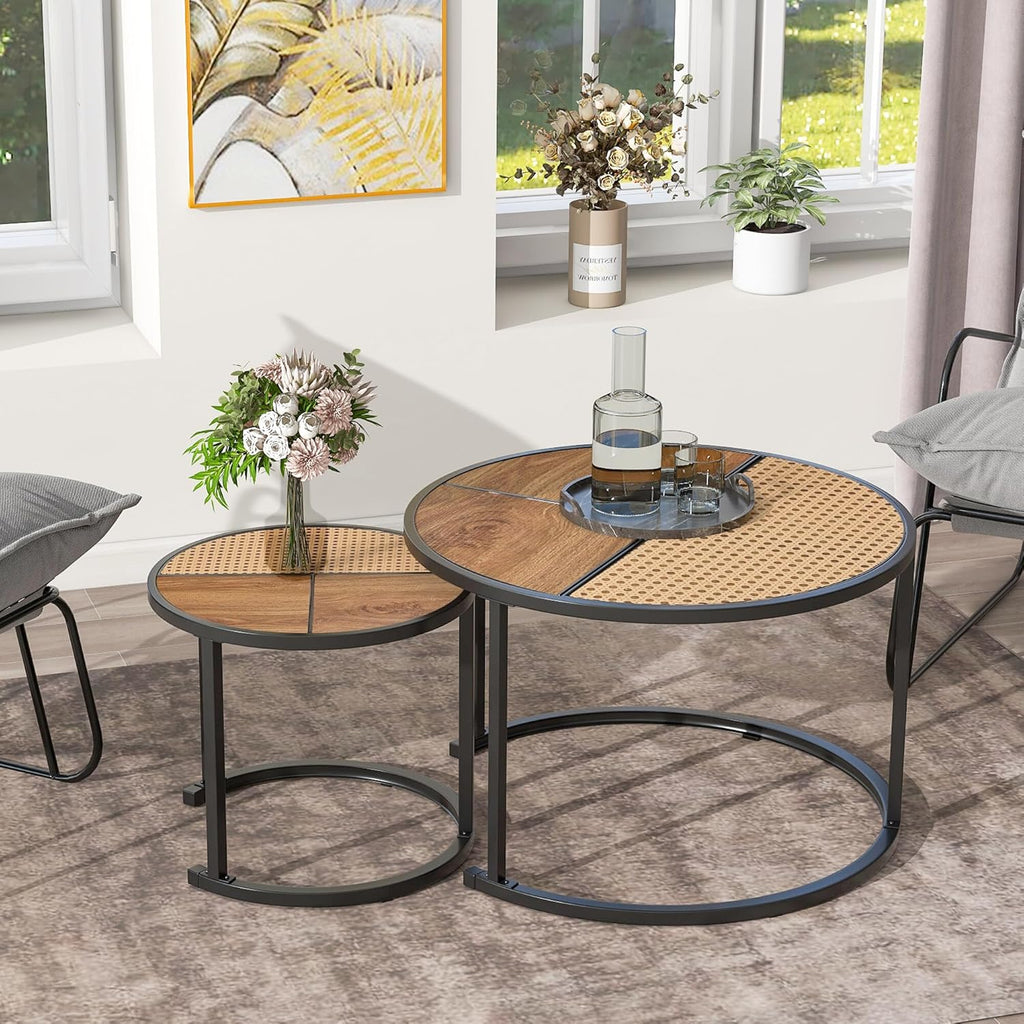 Lecut Mango Wood Set of 2 Nested Coffee Table with Cane Top