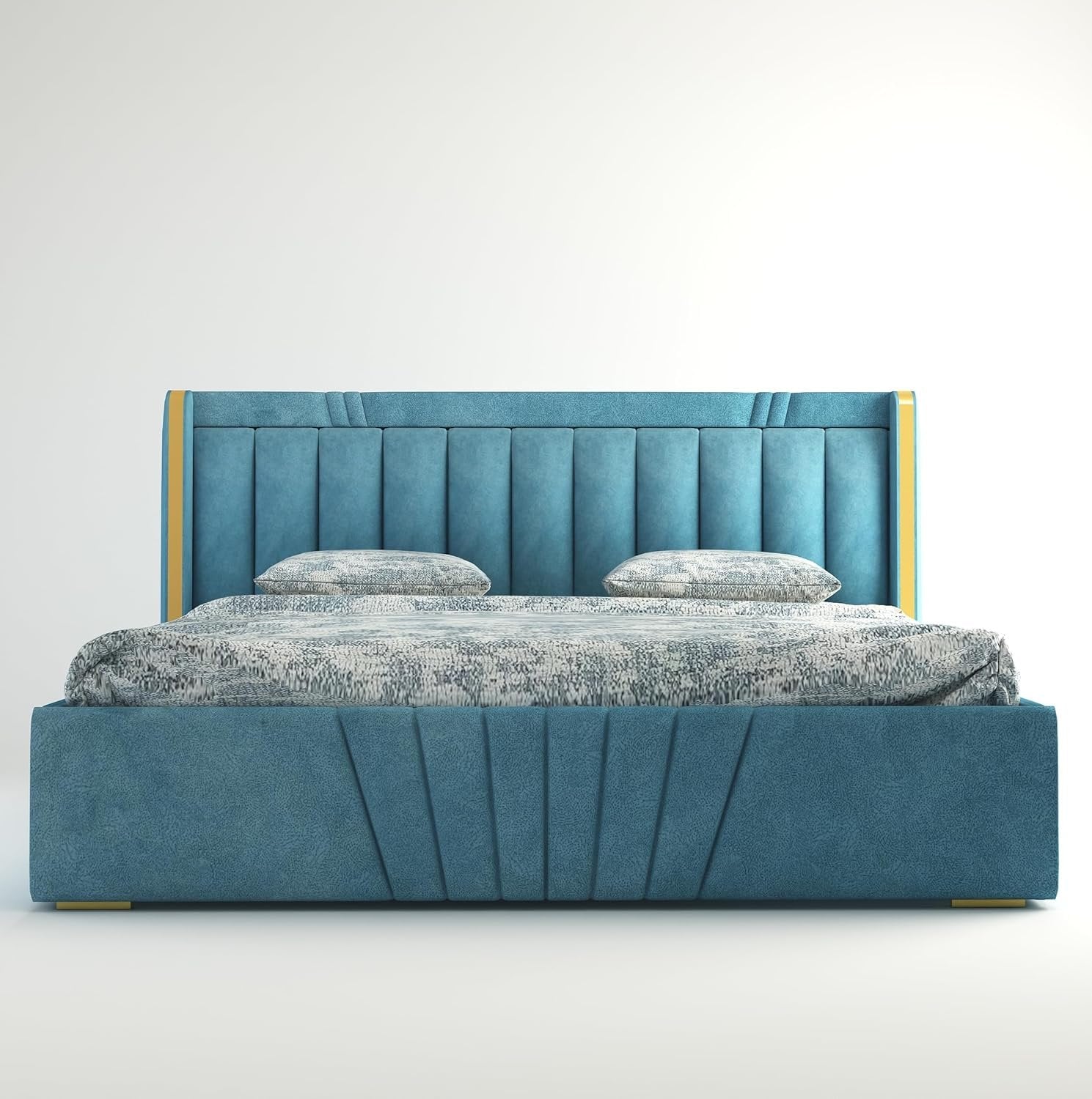 Premium Wooden King and Queen Bed with Padded Velvet Upholstery & Storage