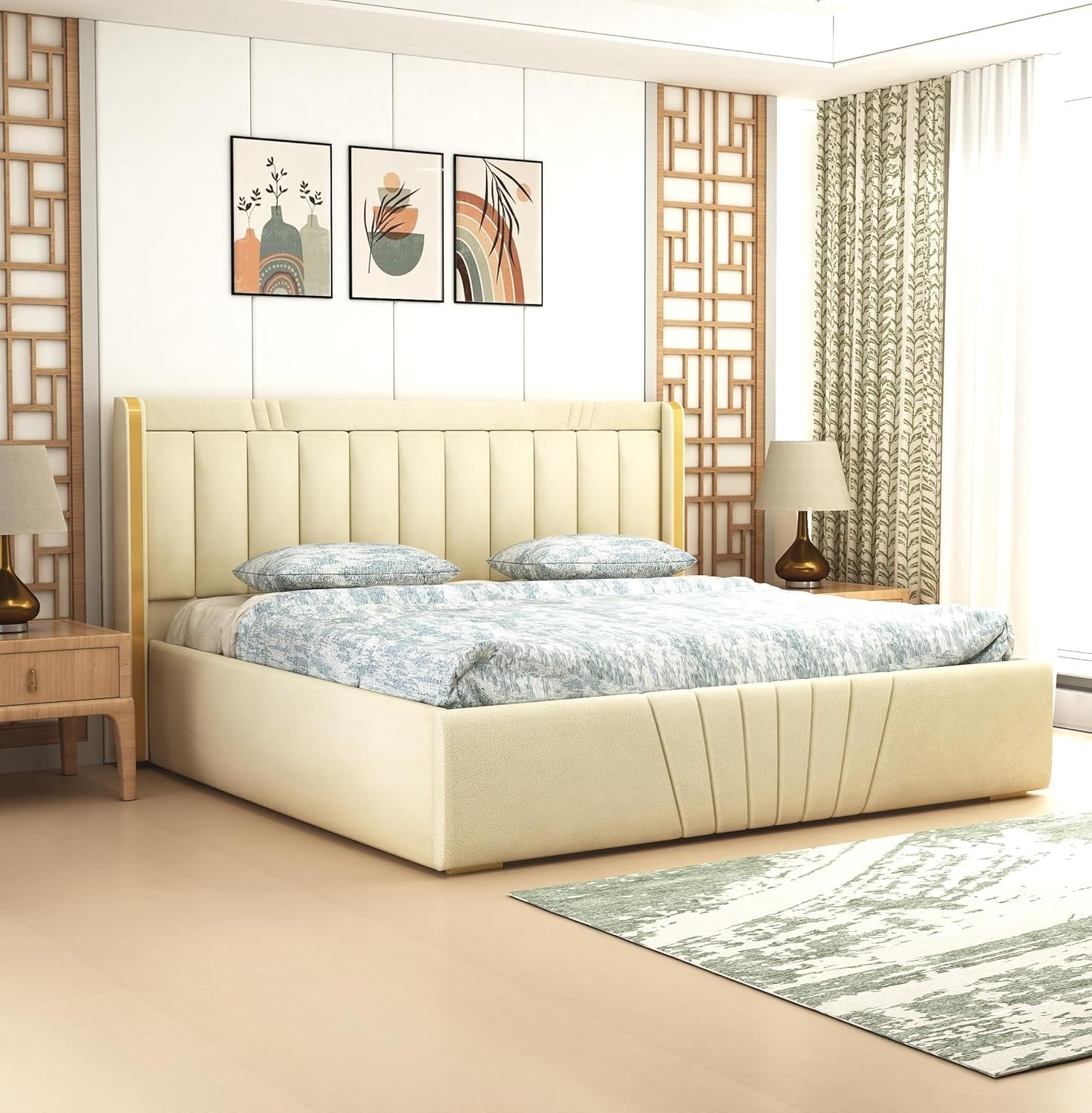 Premium Wooden King and Queen Bed with Padded Velvet Upholstery & Storage