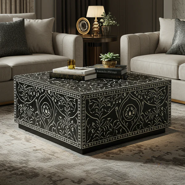 Aromex Black Floral Inlay Square Coffee Table