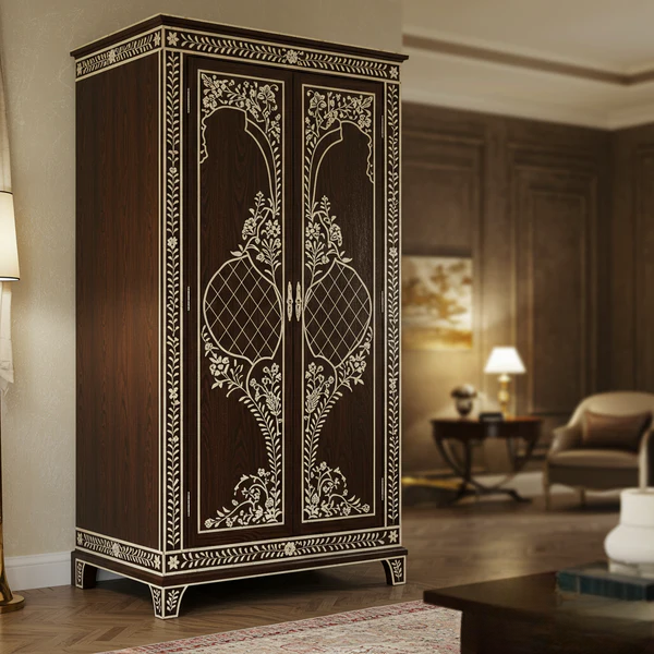 SpaceWoven Wooden Wardrobe with Intricate Floral Inlay | Luxury Handmade Wardrobe