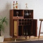 Boston Solid Wood Rattan Cane Bar Cabinet with Glass Holder Storage