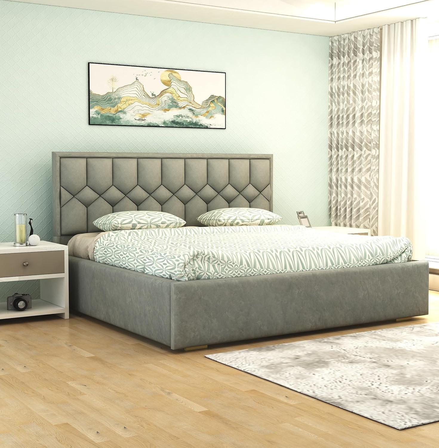 Solid Wood Bed with Upholstered Velvet Headboard & Box Storage